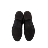 Black boot soles, underside view of two knee-high boots