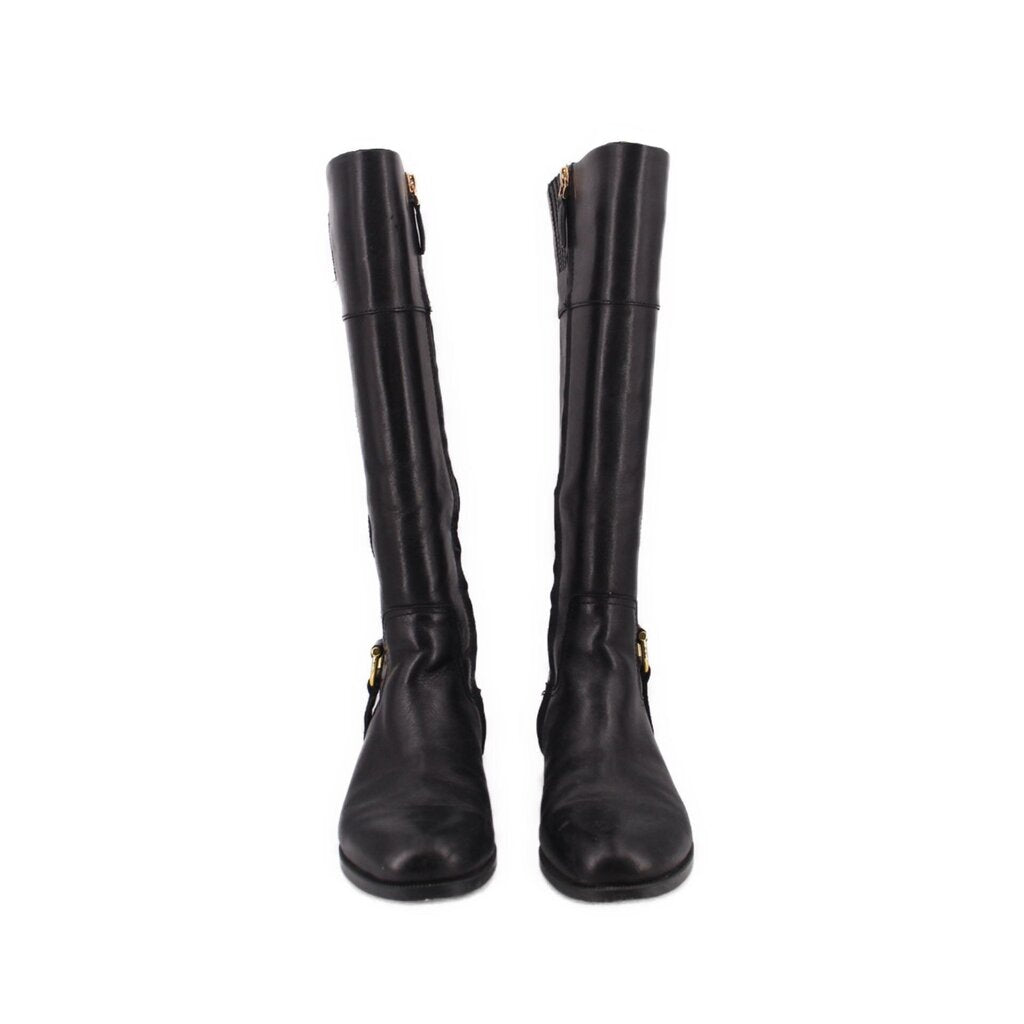 Black knee-high leather boots, pair view with gold buckle accents