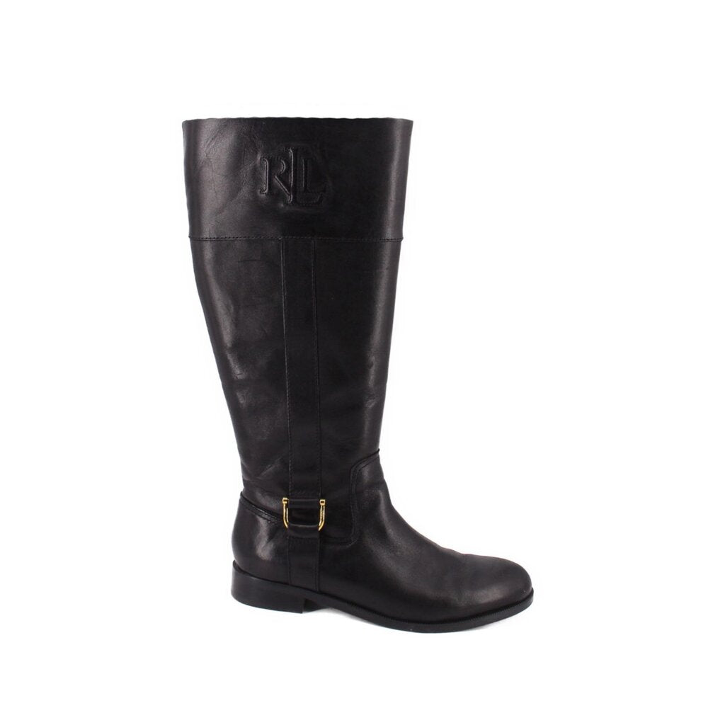 Black knee-high leather boots with embossed logo on shaft and gold buckle