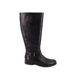 Black knee-high leather boots with embossed logo on shaft and gold buckle