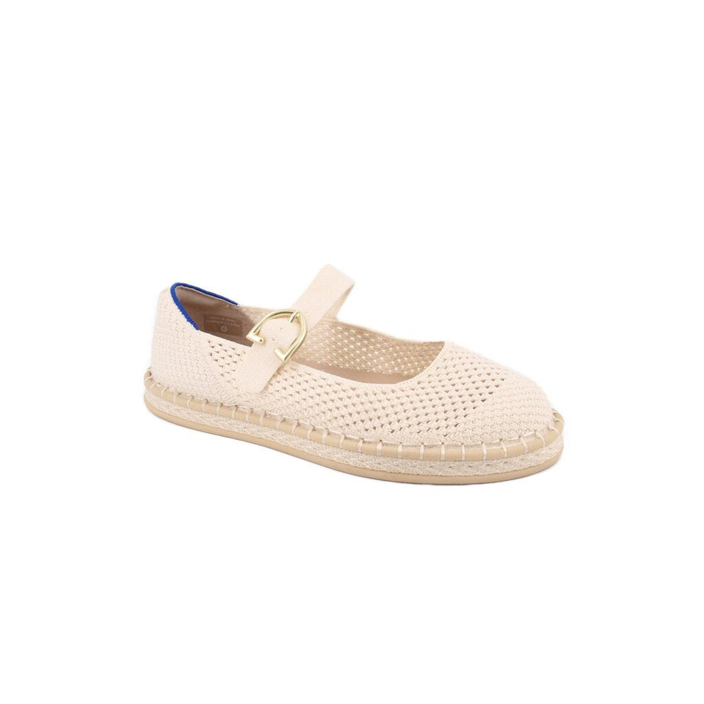 Mary Jane flats in cream knit with gold buckle strap and espadrille-style sole