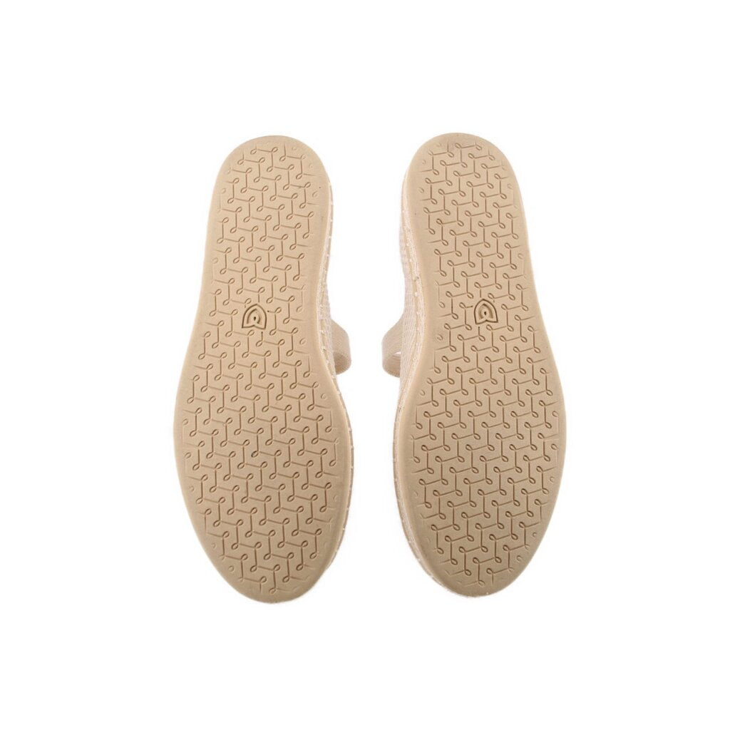 Pair of flat shoe soles with cream rubber tread and geometric pattern