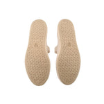 Pair of flat shoe soles with cream rubber tread and geometric pattern