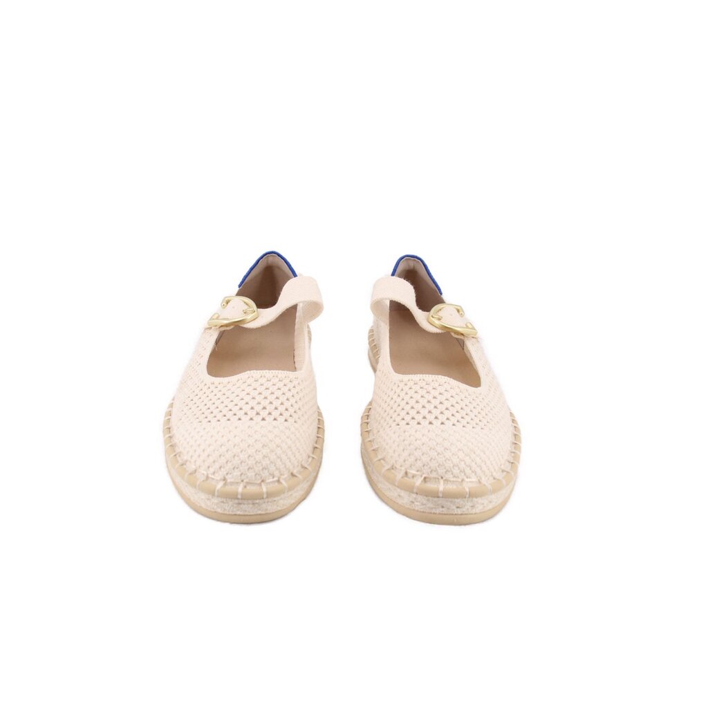 Mary Jane flats with cream woven knit upper and gold buckle strap, front view
