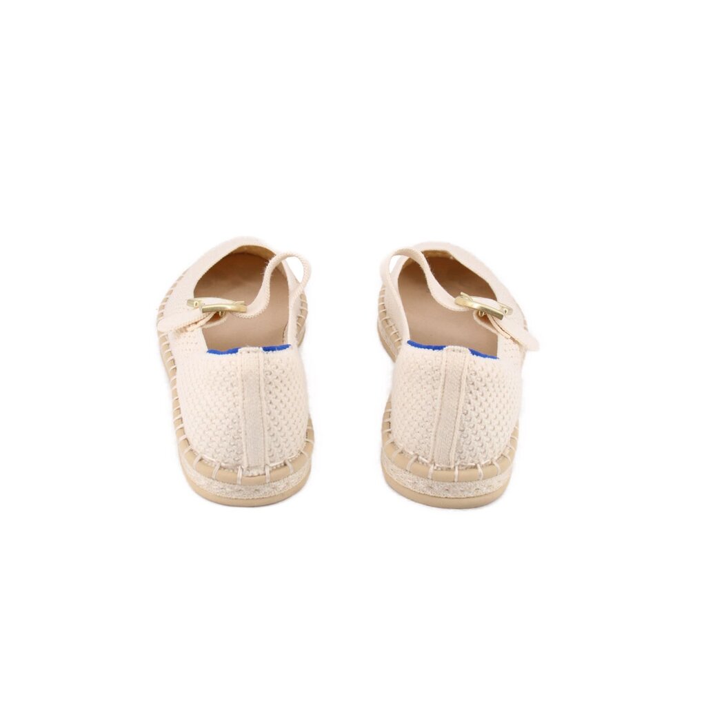 Mary Jane flats showing cream knit back and gold strap detail, blue lining