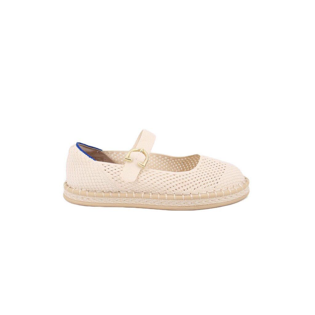 Cream Mary Jane flats with gold buckle strap and textured knit upper, side view pair