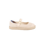 Cream Mary Jane flats with gold buckle strap and textured knit upper, side view pair