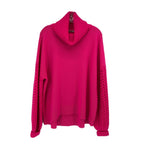 Pink crochet-knit sweater with ribbed turtleneck, contrast openwork sleeves, zip collar