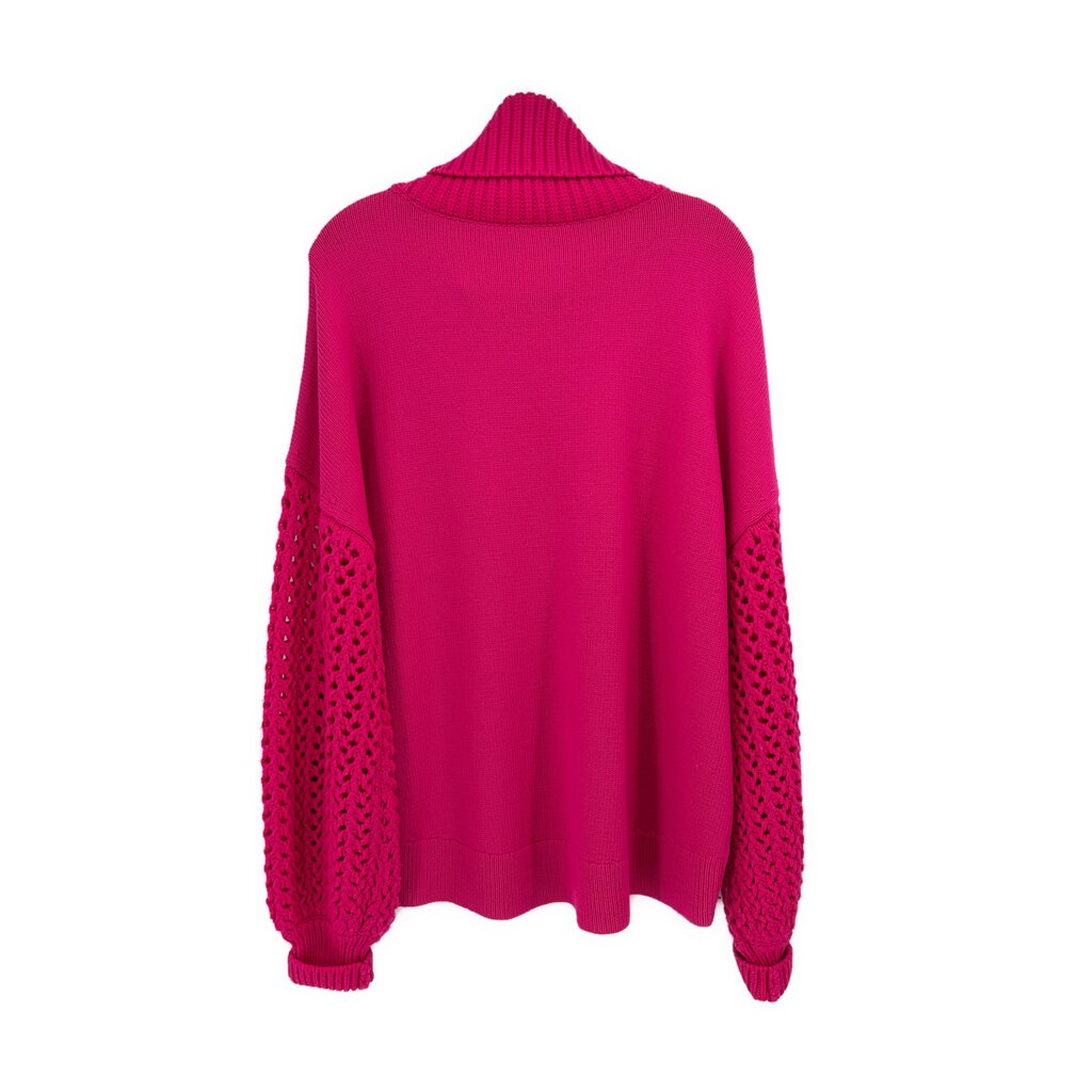 Pink crochet-knit sweater, high ribbed turtleneck and openwork knit sleeves