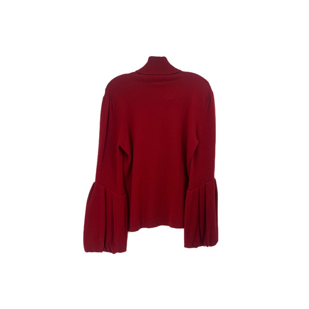 Red cashmere sweater with ribbed turtleneck and pleated balloon sleeves