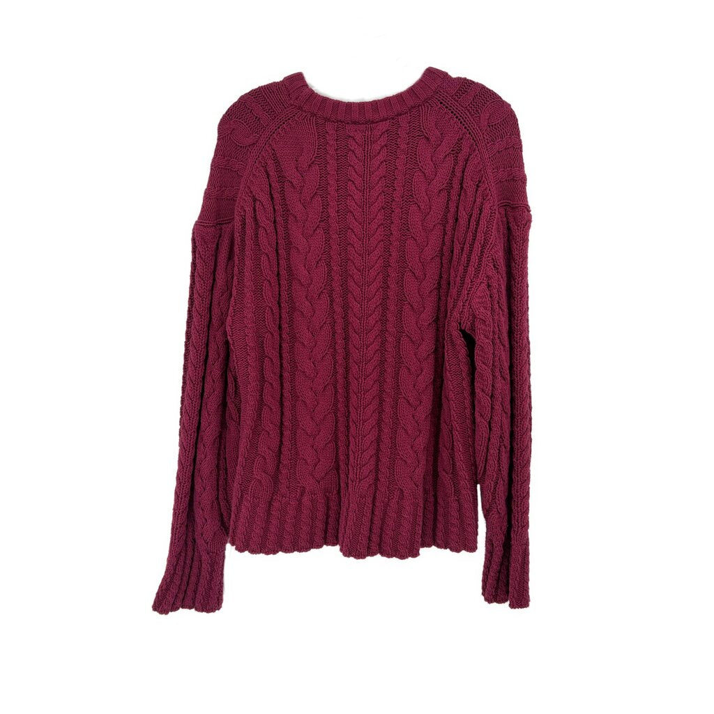 Maroon cable-knit sweater, crew neck and long sleeves, textured pattern