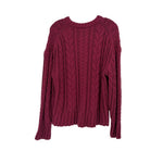 Maroon cable-knit sweater, crew neck and long sleeves, textured pattern