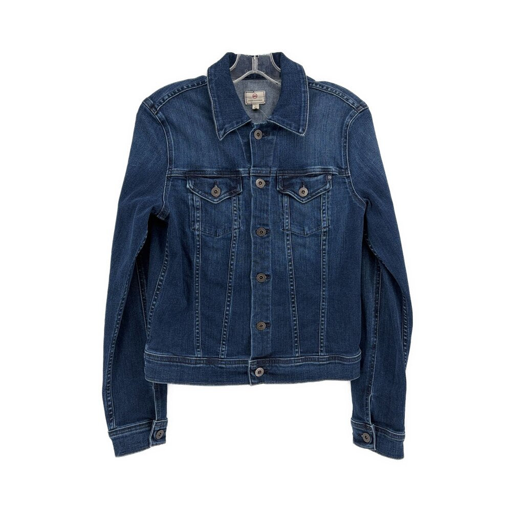 Blue denim jacket with button front, pointed collar, two chest flap pockets