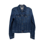 Blue denim jacket with button front, pointed collar, two chest flap pockets