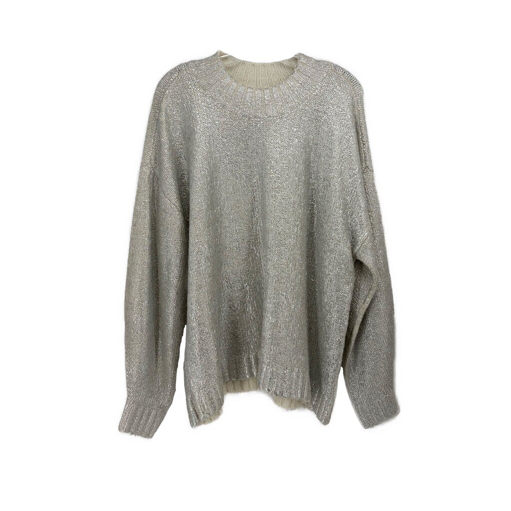 Metallic silver knit sweater, crew neck, long sleeves, ribbed hem and cuffs