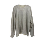 Metallic silver knit sweater, crew neck, long sleeves, ribbed hem and cuffs