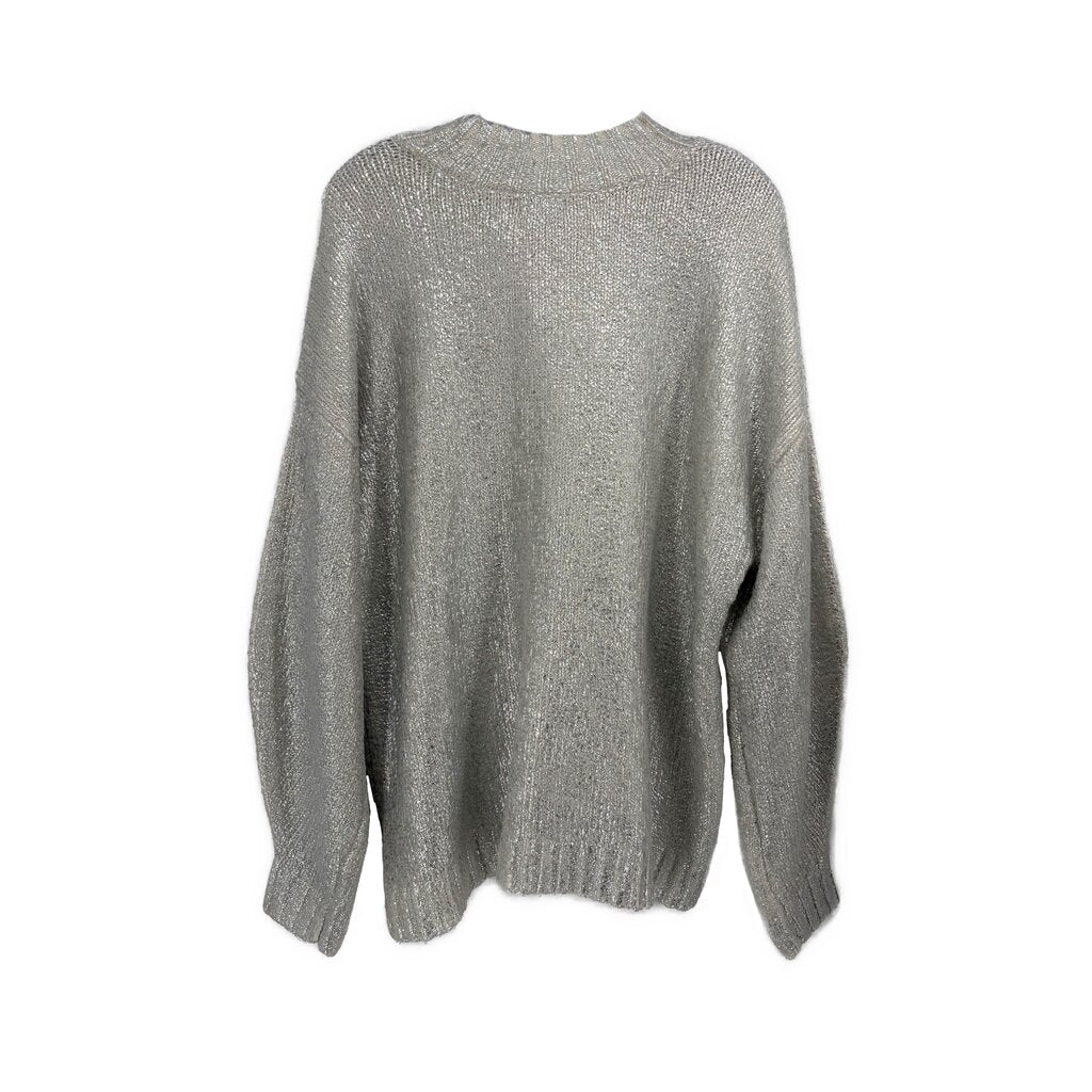 Metallic silver knit sweater, crew neck, long sleeves, ribbed back hem