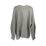 Metallic silver knit sweater, crew neck, long sleeves, ribbed back hem