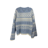 Blue knit crewneck sweater back with fair isle pattern rows