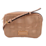Tan perforated crossbody bag with adjustable strap and top zip, gold hardware
