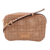 Tan perforated crossbody bag with adjustable strap and top zip, gold hardware