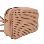 Tan perforated crossbody bag angled view with gold ring hardware and top zip