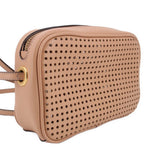 Tan perforated crossbody bag angled view with gold ring hardware and top zip