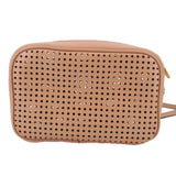Tan perforated crossbody bag front panel with zip closure and gold zipper pull
