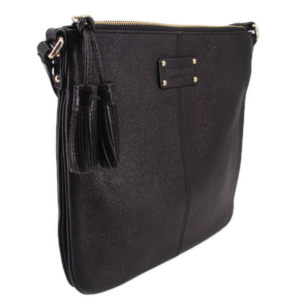 KATE SPADE AUBURN PLACE Cordelia black crossbody bag, front tassel and zip top.