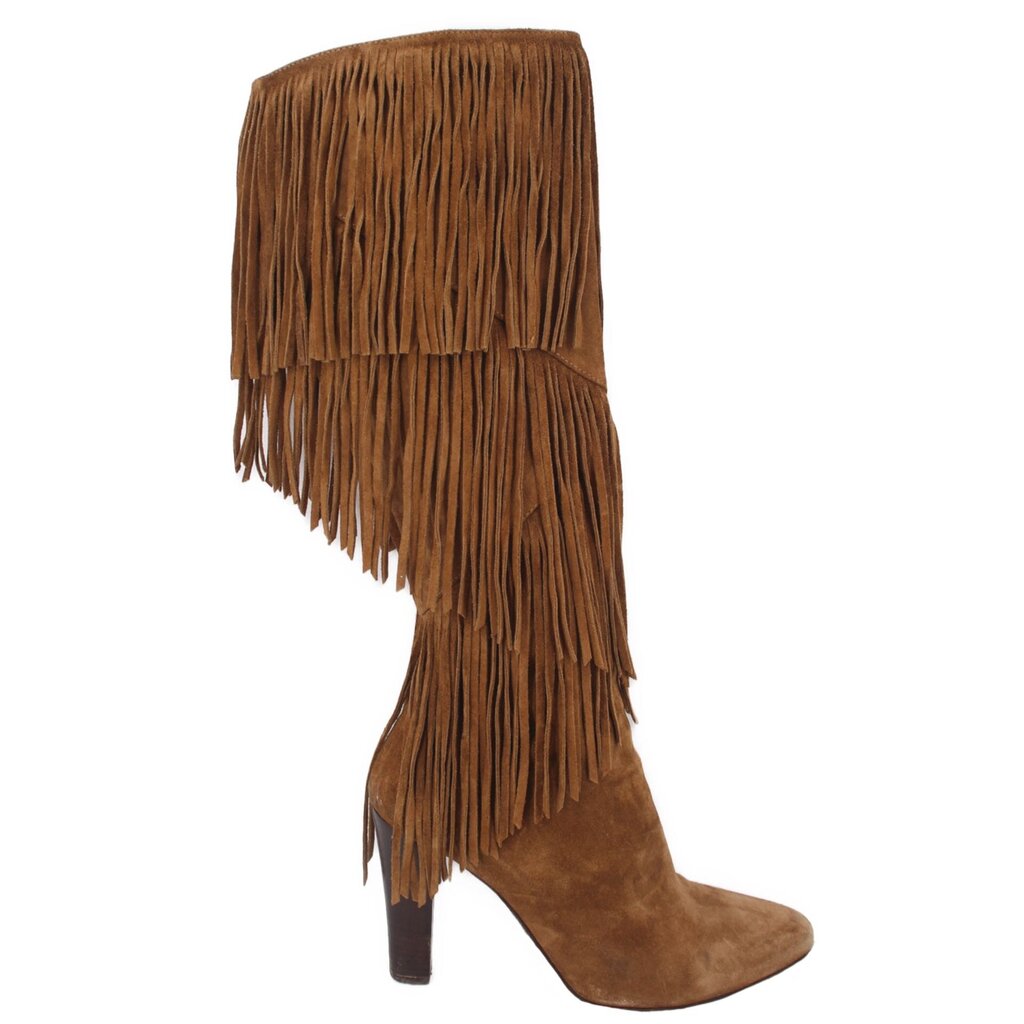 Suede fringe boots, camel brown, side view with pointed toe