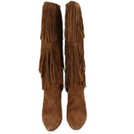 Suede fringe boots, camel brown, front view with tall shaft and block heel