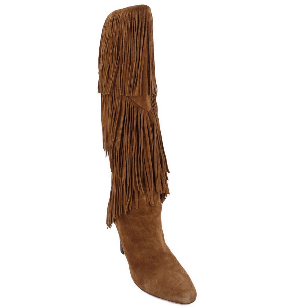 SAINT LAURENT suede fringe boots, camel brown, tall shaft, pointed toe