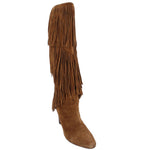 SAINT LAURENT suede fringe boots, camel brown, tall shaft, pointed toe