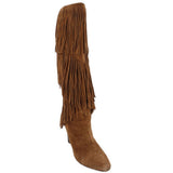 SAINT LAURENT suede fringe boots, camel brown, tall shaft, pointed toe