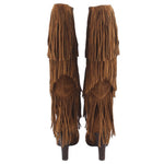Suede fringe boots, camel brown, back view with long fringe and slim heel