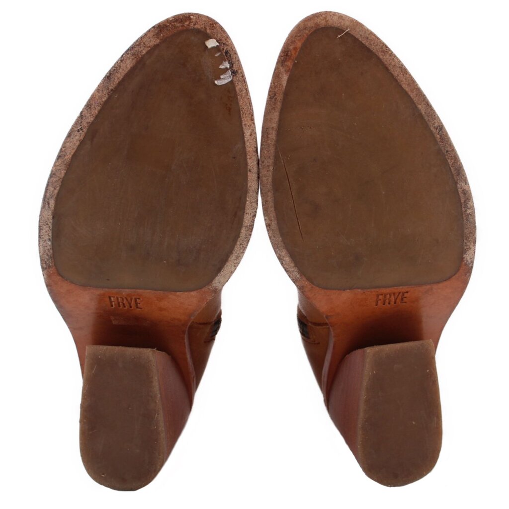 Camel suede-lined boot soles with tread and FRYE heel branding