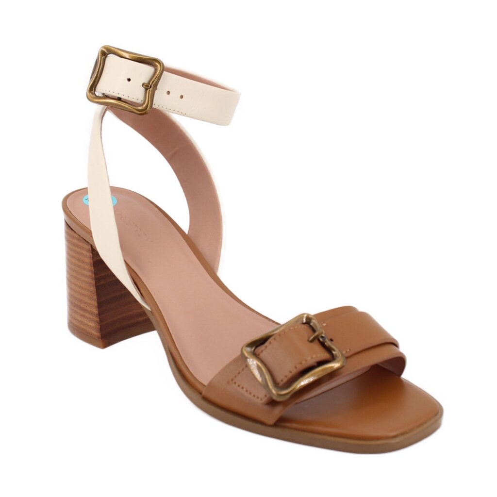 Open-toe leather-look heeled sandal with ankle strap, buckle, cream straps, brown block heel