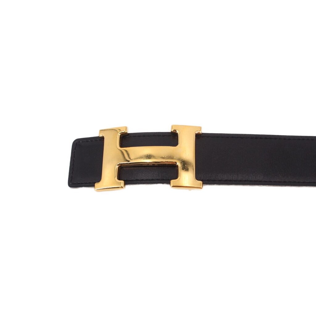 Reversible leather belt, black strap with gold-tone H buckle front