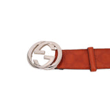 GUCCI interlocking GG belt close-up, rust leather with silver interlocking buckle