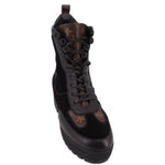 Black monogram lace-up boots with padded collar and lace-up front