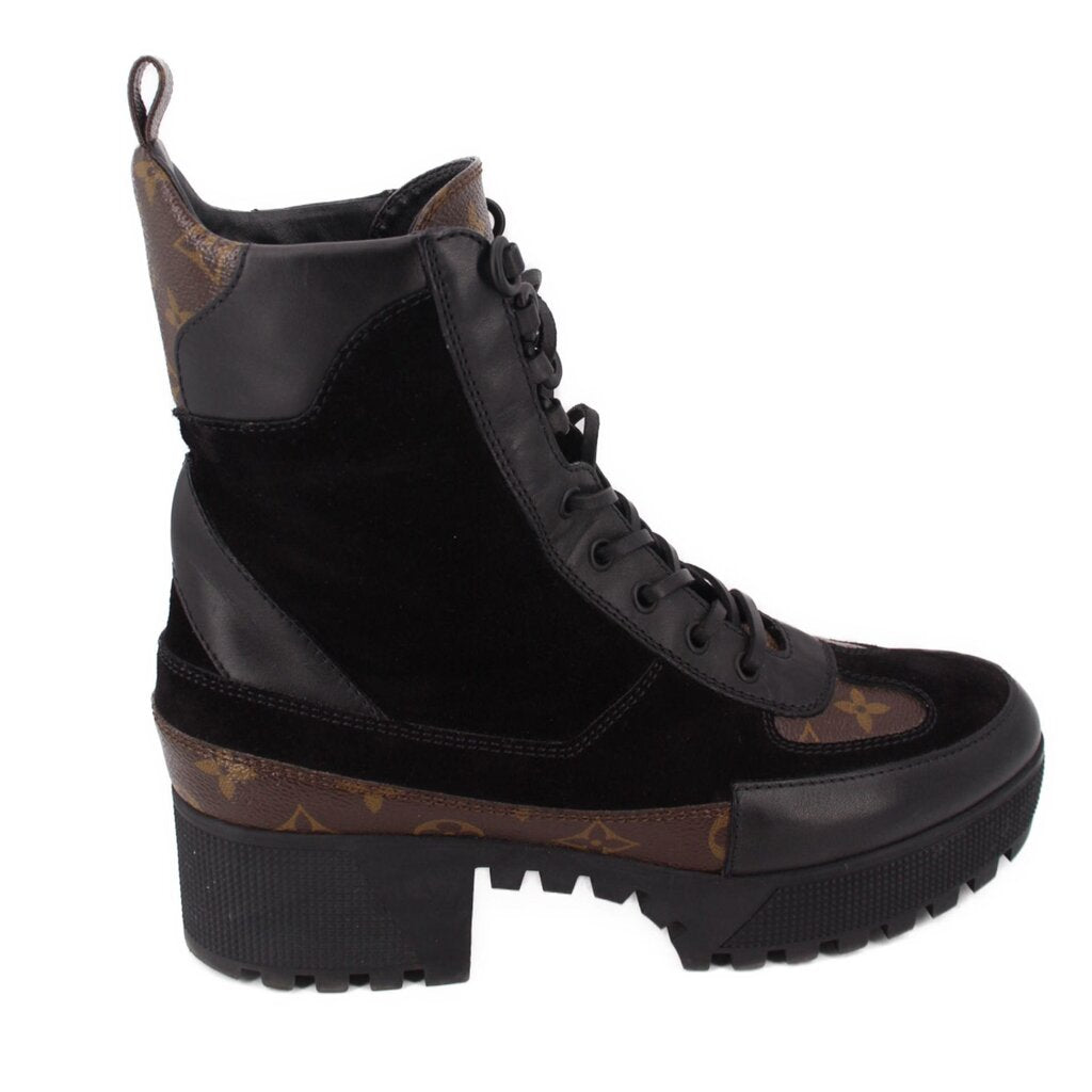 Black and monogram ankle boots with lace-up front and side panel logo