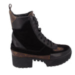 Black and monogram ankle boots with lace-up front and side panel logo