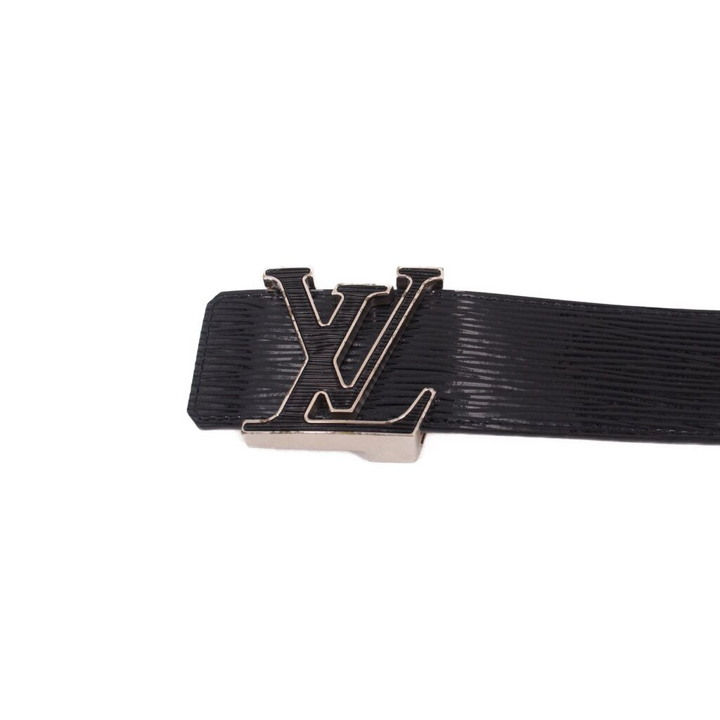 Black Epi leather belt with oversized LV logo buckle close-up