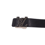 Black Epi leather belt with oversized LV logo buckle close-up