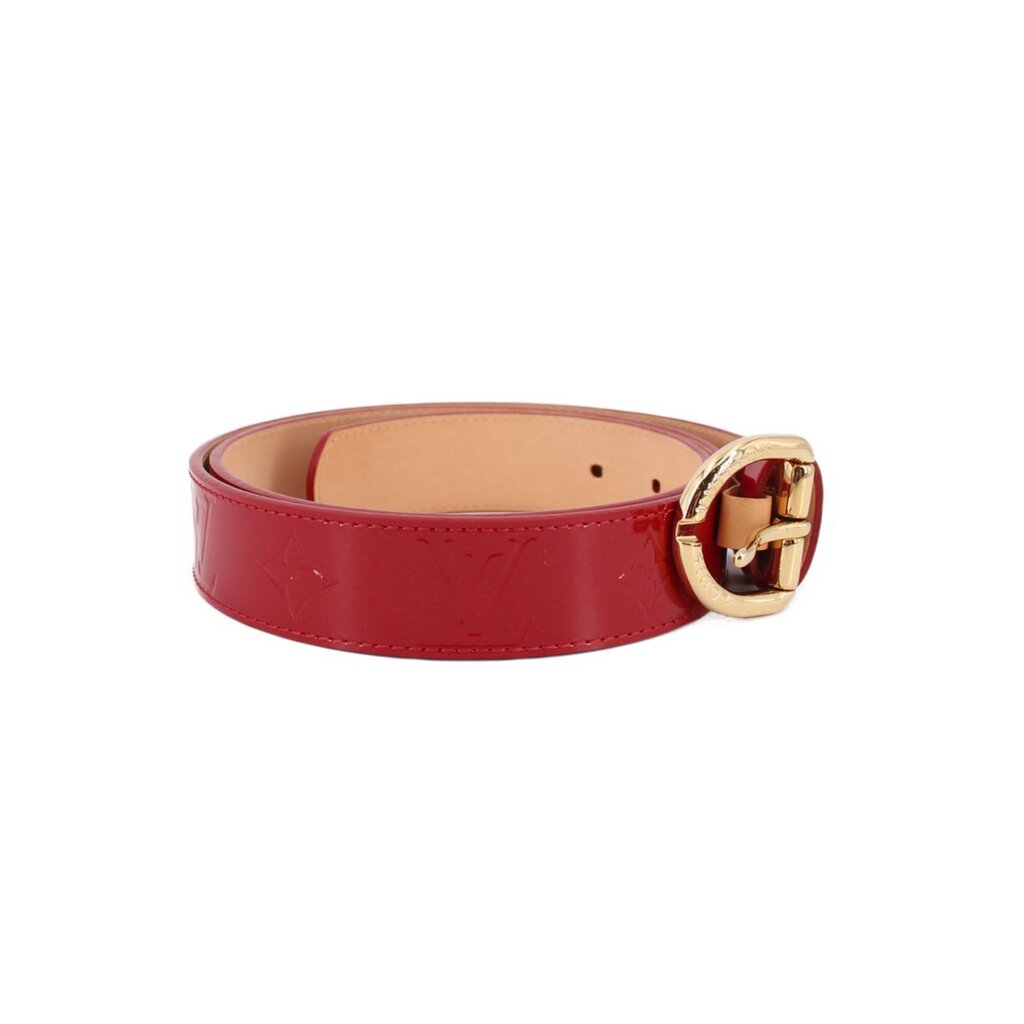 LOUIS VUITTON red vernis leather belt with gold-tone buckle and keeper detail
