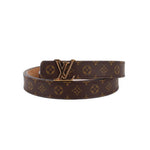 Slim monogram belt with gold LV buckle, dark brown leather strap