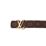 Monogram belt buckle with LV initials on dark brown strap