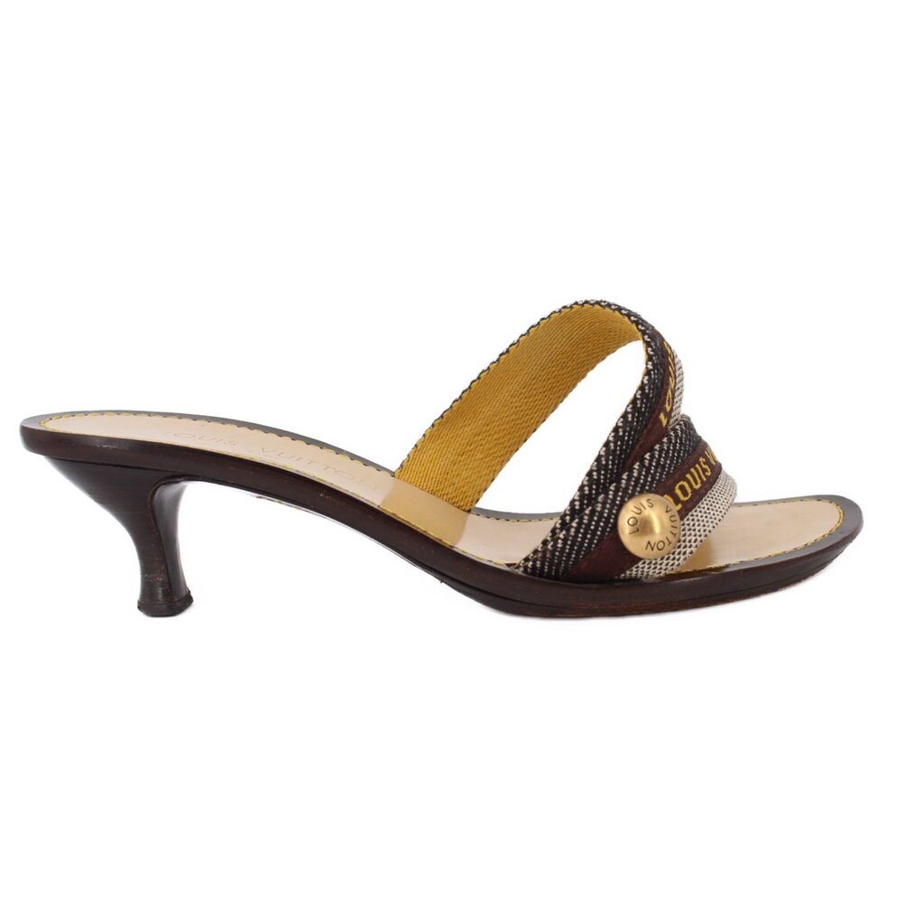 Brown LOUIS VUITTON mule sandal with woven logo strap and low kitten heel
