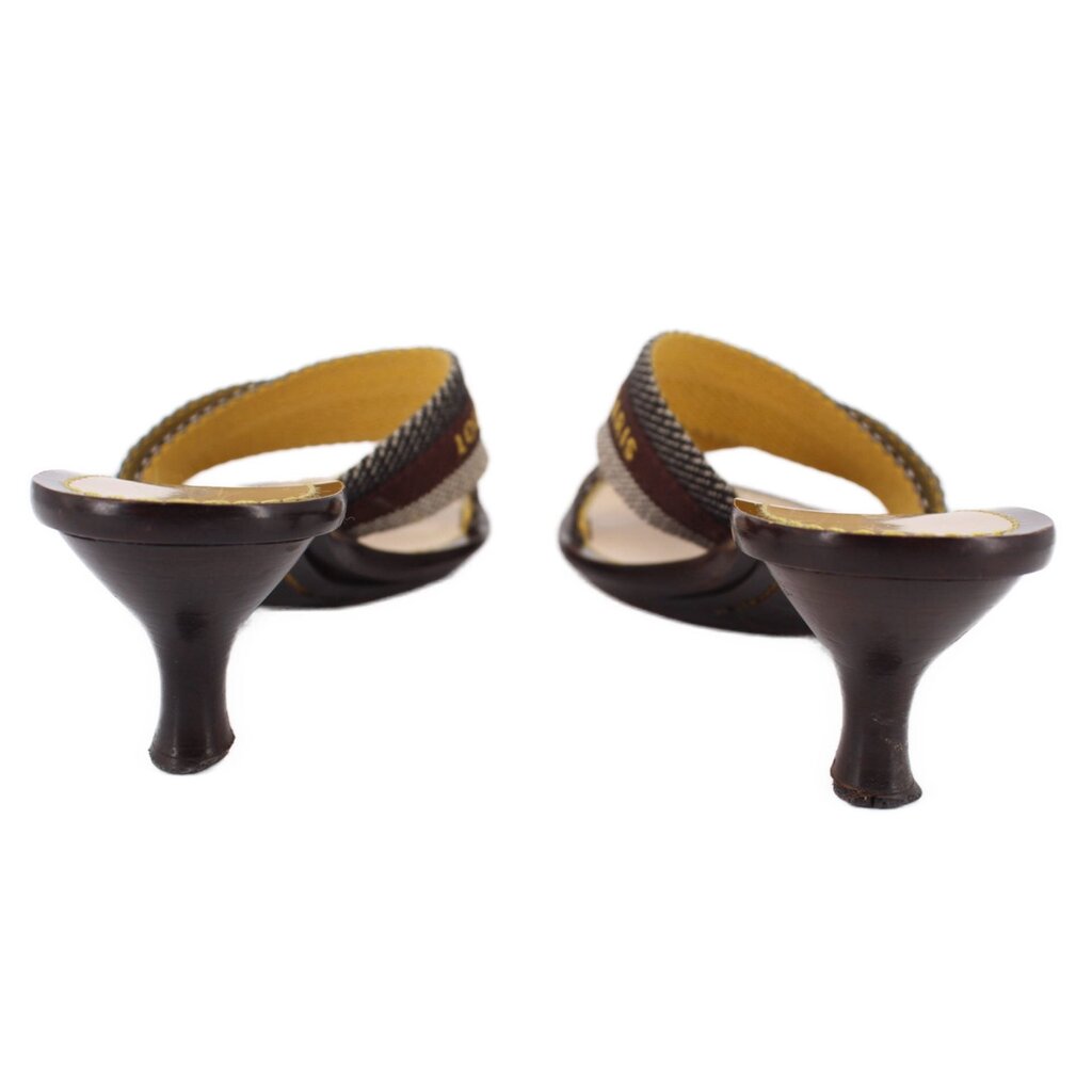 Brown LOUIS VUITTON kitten heel mules, side view, woven logo strap