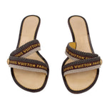 Pair of brown LOUIS VUITTON kitten heel slides with woven logo straps across tops
